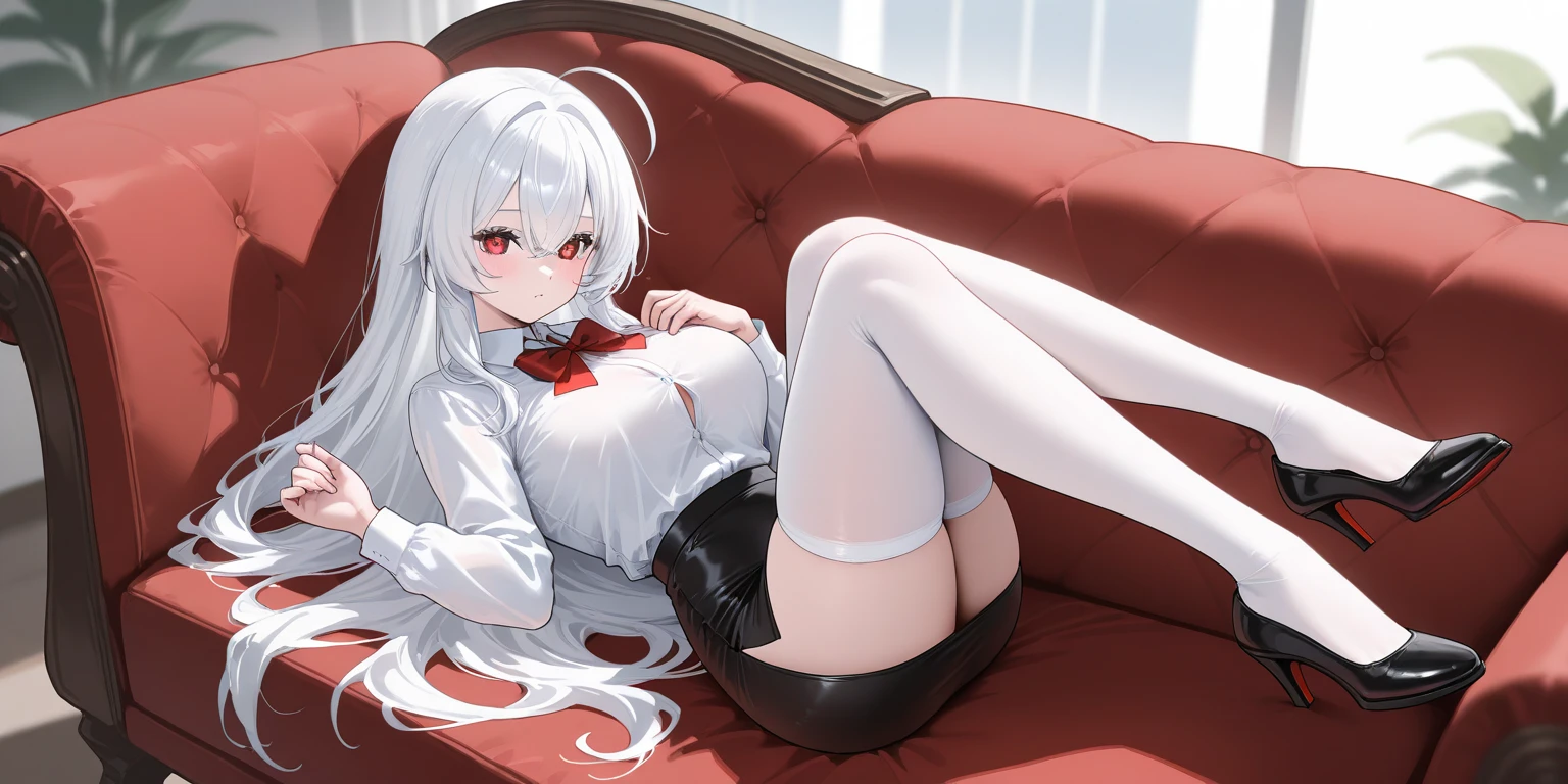 ((Beautiful wallpapers)),Best Picture Quality,close up shoot,anime big breast，clear Meticulous, Outside the window,Indulge in the scenery, Quiet girl，Sit still in bed，long  white hair，Bright red eyes，Stylish black stockings contrast with a white shirt，Took off his shoes，Full of lightness，