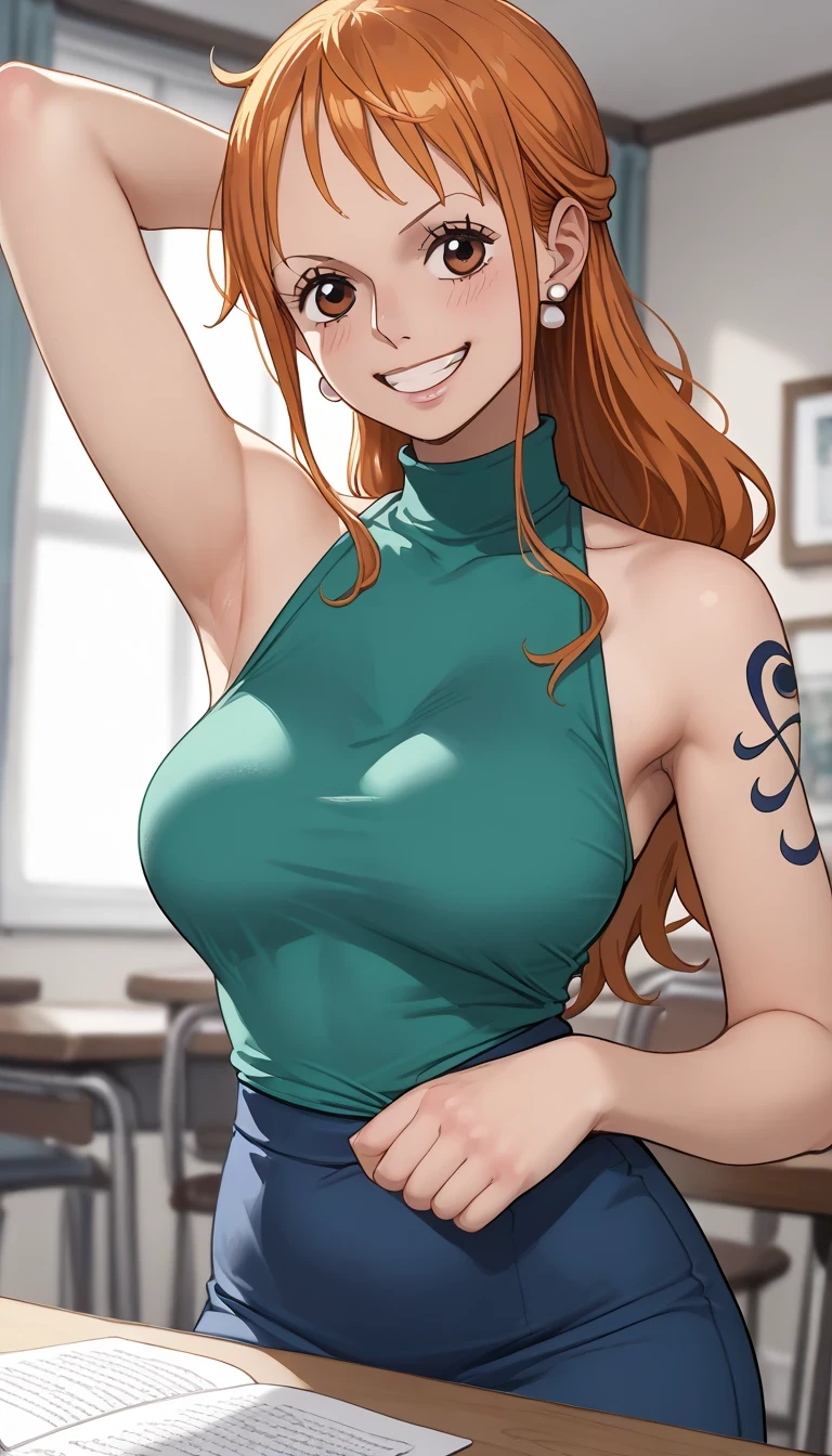 score_9, score_8_up, score_7_up, source_Anime Top Quality、8k、 masterpiece、super high accuracy、 natural light、perfect anatomy、one woman、medium breasts、((saggy breasts:1.5))、one piece、nami、orange hair、( Happy Expression )、sleeveless rib knit that rubs your chest with both hands、((High Neck))、tight pencil skirt、raise arms to show armpits、Photographing the upper body