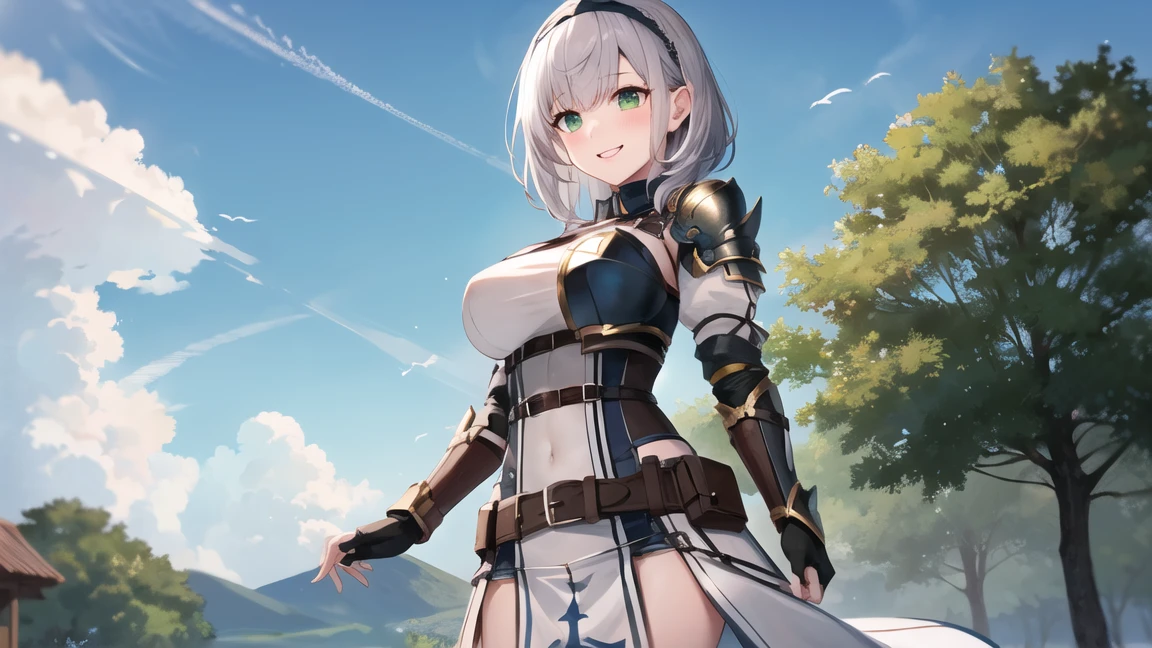medium hair, braid, tiara, armored dress, single pauldron, chest guard, chest strap, cleavage cutout, puffy sleeves, pelvic curtain, waist cape, leather belt, belt pouch, vambraces, fingerless gloves, black thighhighs, greaves, carry a sword ,sword