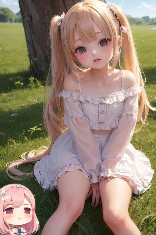 ((Masterpiece)), (Anime:1.3), ((best quality)), (RAW photo:1.2), (Professional Photography:1.3), (super detail), (from below), (12 years old), 8K, cinematic lighting, unruly hair, medium hair, (white cheep camisole), (cheep shorts), Pudgy body, ((Small breasts)), (flower in hands), Very shy, (open mouth), Textured skin, cat ears, pale brown hair, Cute Beautiful girl, BREAK, ((best quality)), ((kneeling in beautiful orchard)), outdoor idyllic atmosphere,