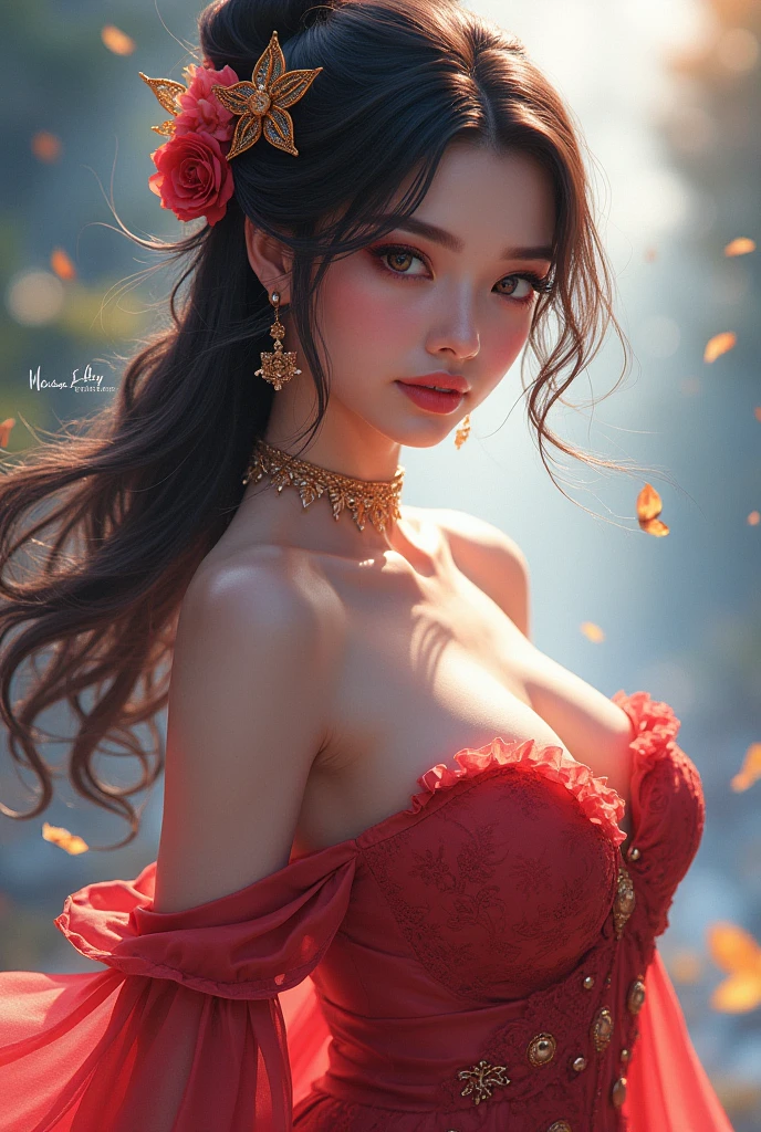 a woman in a red dress, holding red roses, front view, red roses, derevschikova, alexis flower, huge breasts, cleavage, smiley face, smile on face, roses background, beautiful sexy woman photo, in red rose background, on a red background, female model, roses, with a beautifull smile.