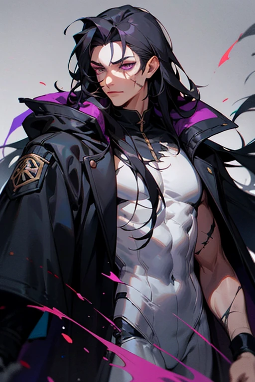 young skinny guy, delicate facial features, long dark purple hair gathered in a low ponytail, a lot of silver jewelry, dark tight-fitting clothes, white coat, belts, dark faded look, tired face