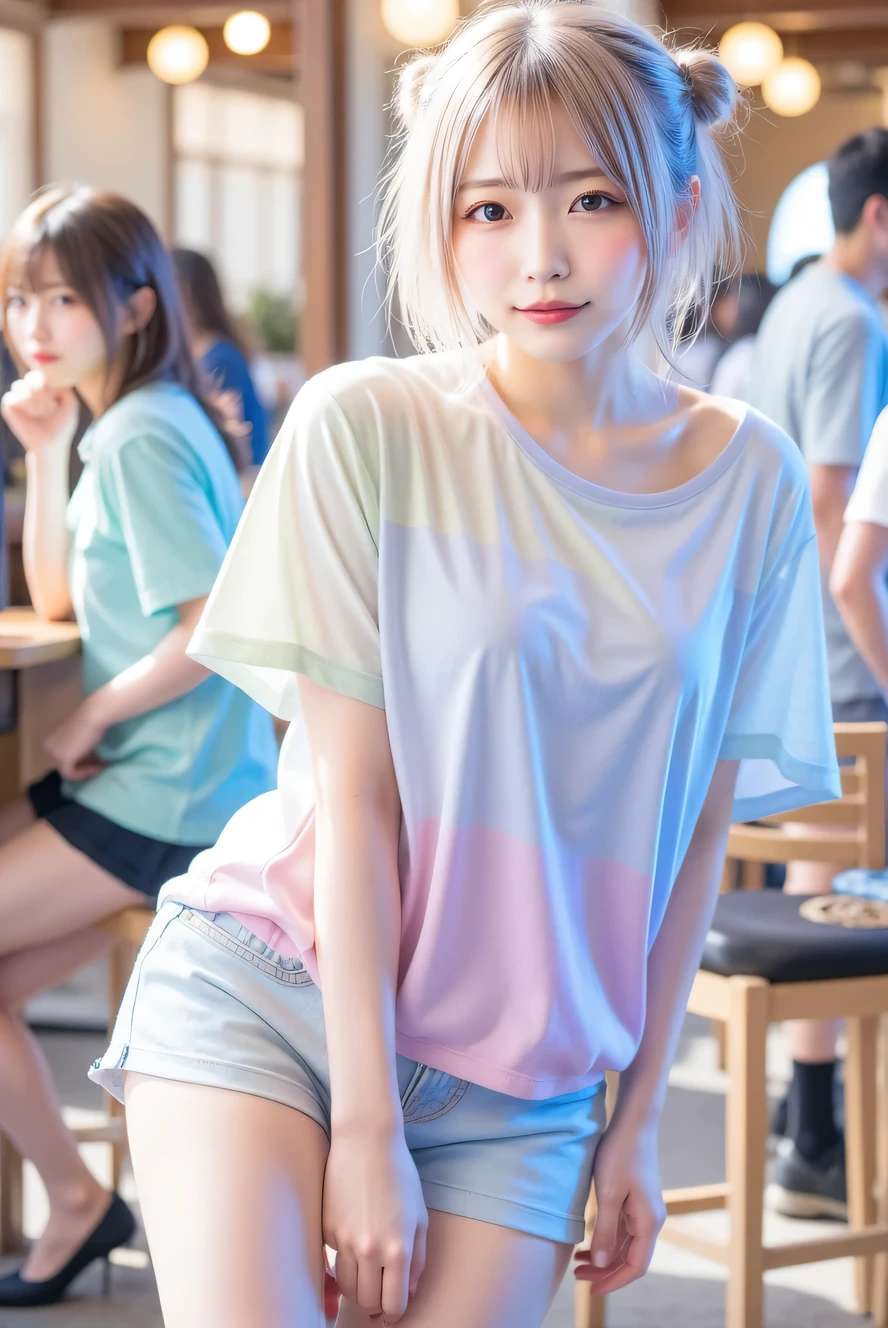 Sunburn marks on tanned skin、blush、Blonde bun hair,A cute 17-year-old girl with a cute look, A strong wind blows my hair in front of my face、Beautiful big sparkling eyes, Cute eyes hidden by long bangs、Yawn、No visible nasolabial folds、A short, light-colored miniskirt、A summer shirt with cute colorful patterns、Korean Beauty、Cheeks