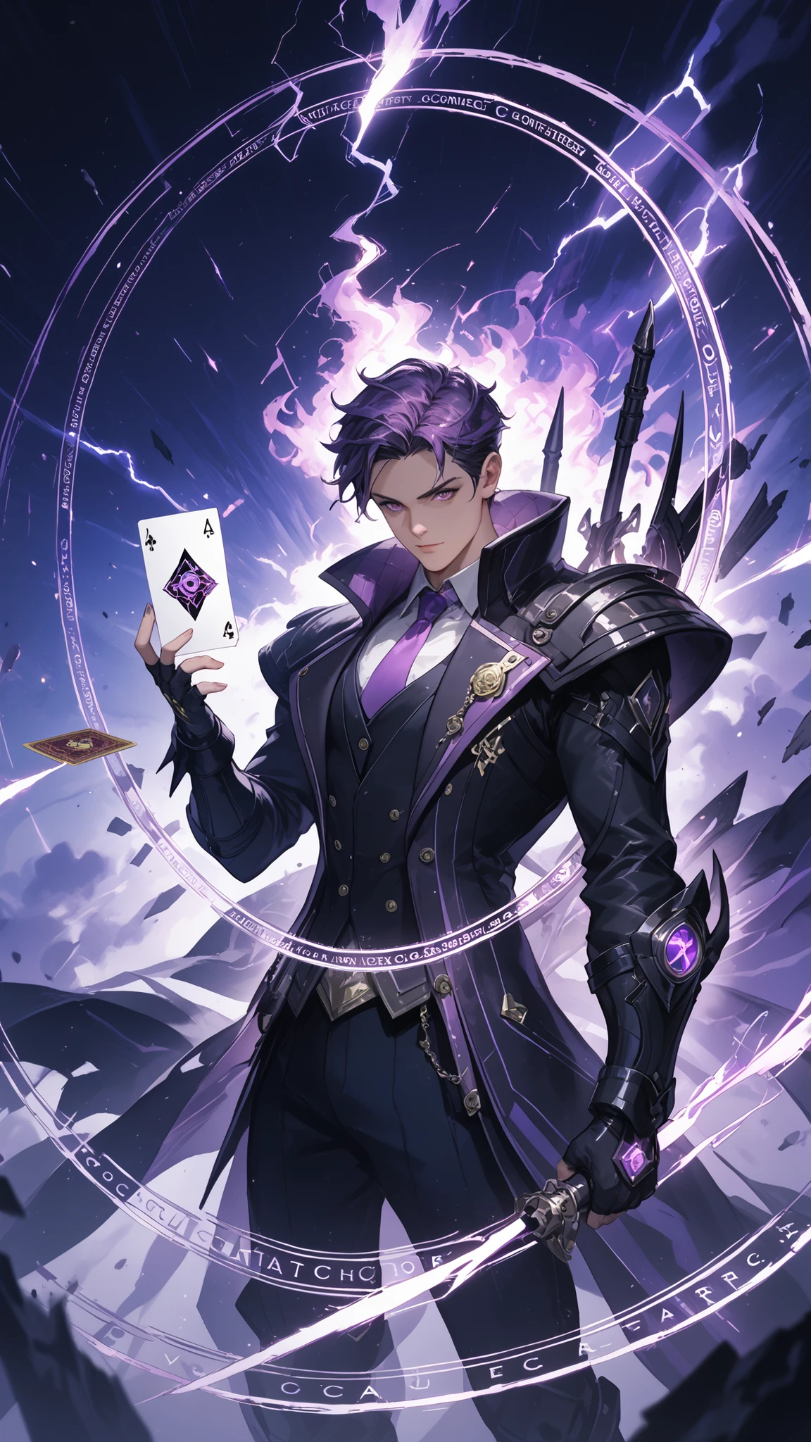 anime game card design, mysterious dark figure, glowing purple aura, silhouette style character, chaotic magical energy bursts, dimensional cracks in background, shadows and violet smoke, intense power surge effect, glowing purple eyes, enchanted weapon or spell card, epic anime art style, cinematic dark lighting, supernatural atmosphere, black and violet color tones, magical circle glowing behind, storm-like aura, rare holographic texture, exclusive alternate artwork, collector-grade foil shimmer, card floating in dark abstract space, dark power awakened