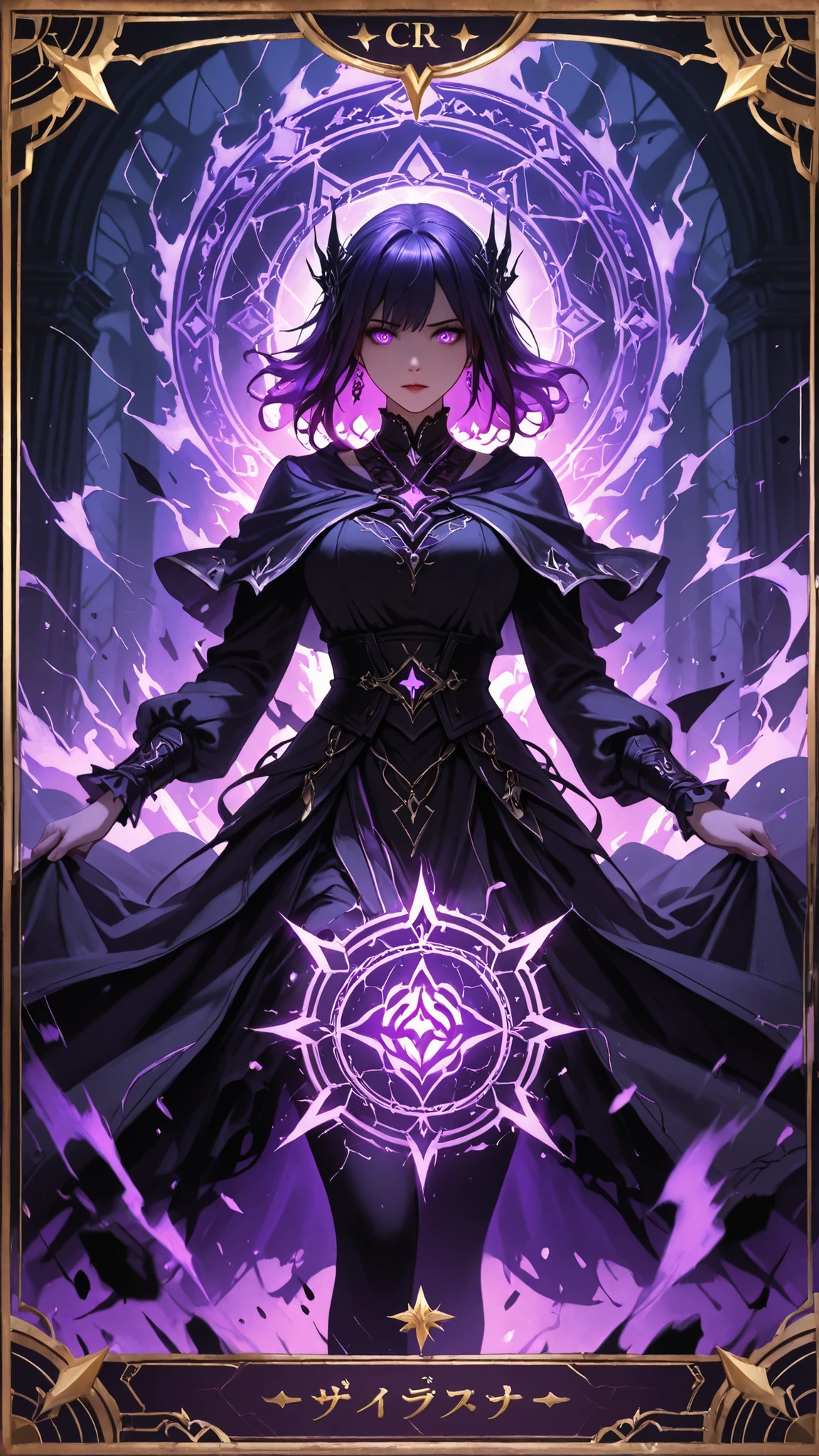 anime game card design, mysterious dark figure, glowing purple aura, silhouette style character, chaotic magical energy bursts, dimensional cracks in background, shadows and violet smoke, intense power surge effect, glowing purple eyes, enchanted spell card, epic anime art style, cinematic dark lighting, supernatural atmosphere, black and violet color tones, magical circle glowing behind, storm-like aura, rare holographic texture, exclusive alternate artwork, collector-grade foil shimmer, dark power awakened, shimmering card frame,