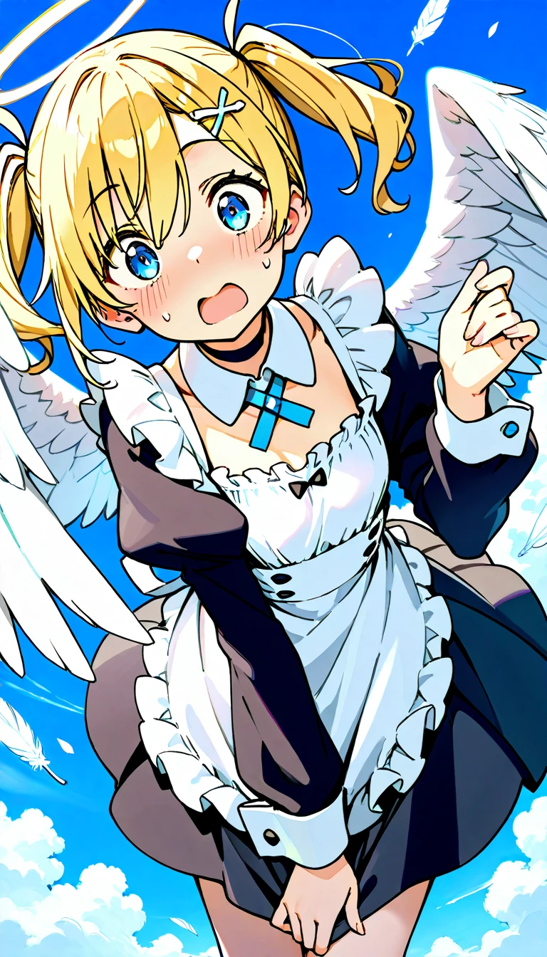 (((nsfw))), masterpiece, 8k, Girl, Small breasts, 10yo, Angel,Lightの羽, Sky, Light, god々Shii, まぶShii, Blonde, ((nipple)), Surprise expression, Changing clothes, Inside the church, In the process of taking off clothes, underwear, looking at the camera