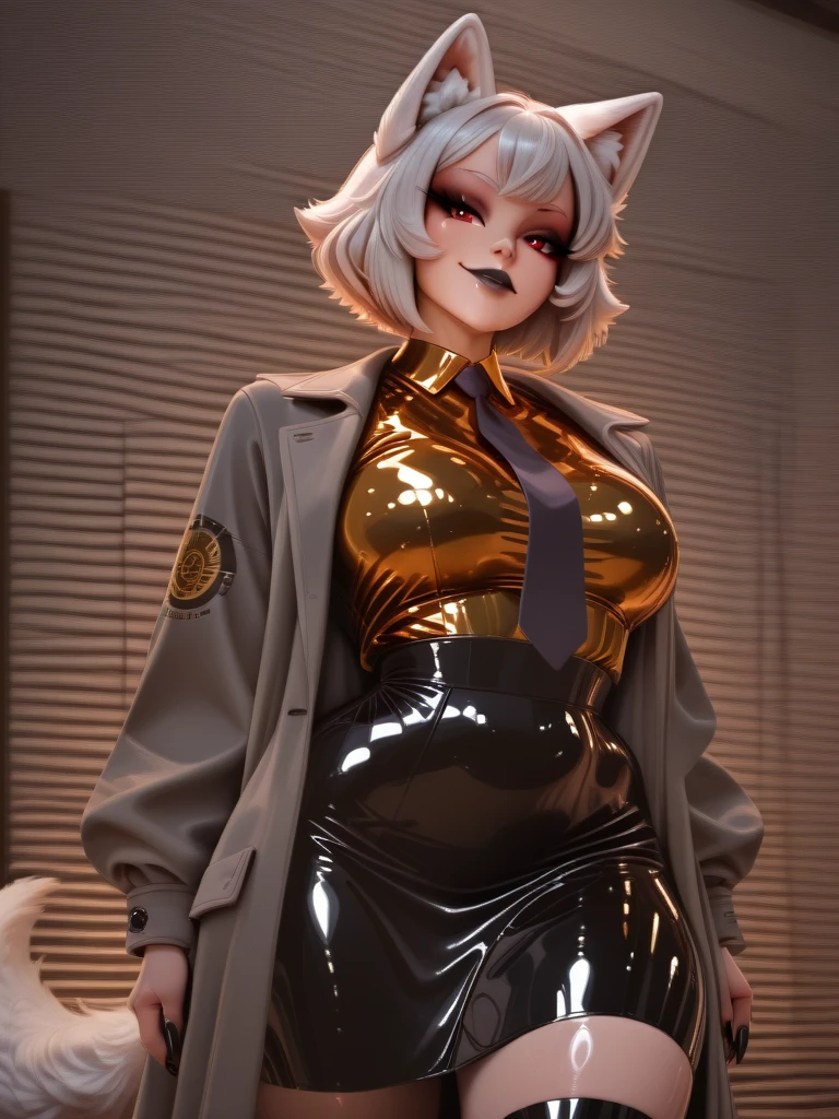 C4tt4stic, Office casual cartoon cute silver tabby,Cat body hair,High heels,small tits,Buriko Pose,