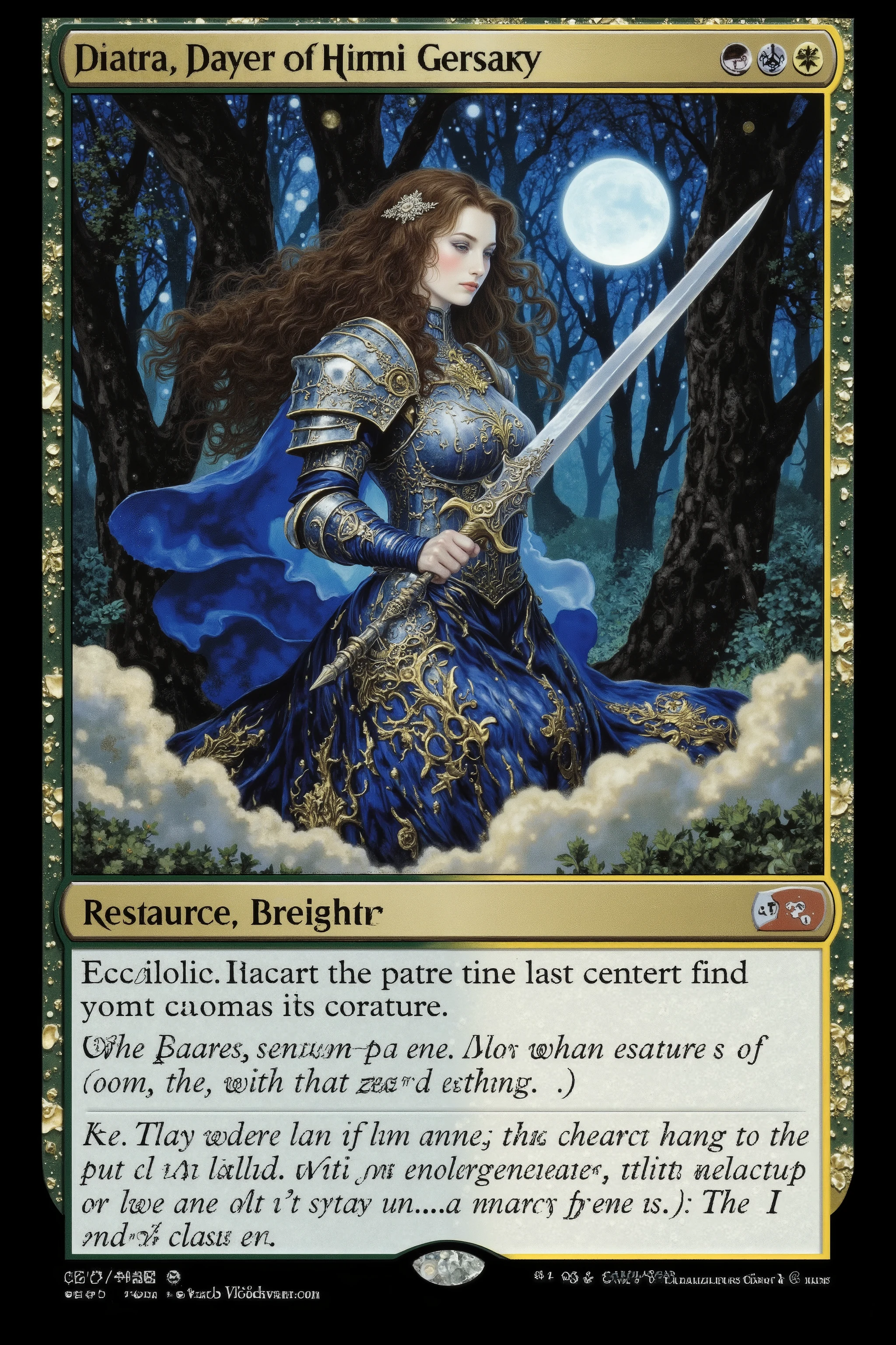 ((Magic The Gathering Card,mtg card frame:1.5)),side view,dynamic pose,dynamic angle,very beautiful knight,armor,holding sword,sexy,feminine,dark fantasy,(Melancholy),forest,moon,starry sky,anatomically correct,A dark and atmospheric oil painting,dark blue,Gustav Klimt Style,Yoshitaka Amano style,r3b3cc4gu4y
16k,detailed image, by gustavklimt,aidmamtgcard