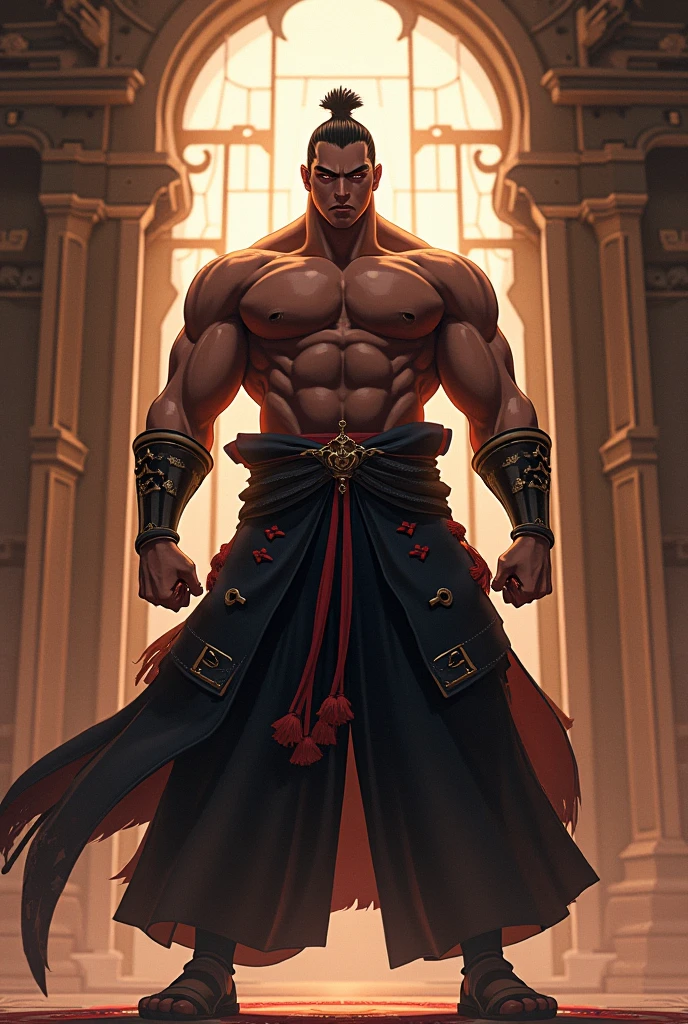 Background image of a rocky desert with a beautiful river behind it. a man (human) 20 years old, beardless, Caucasian young face, young man, young teen, long hair bangs that fall on both sides of his youthful face. Attractive. handsome face. mischievous expression, blue eyestall and body full of huge muscles. Very voluminous pectorals His shoulders as well as his back and chest were enormous, from shoulder to shoulder it seemed to be a meter long; On his chest were 2 enormous pectorals that were gigantic and very voluminous, proudly supported by 8 chiseled abs. His torso, from his shoulders to his waist, had the shape of a V which was very marked on his waist, his arms were as thick as a log. and his biceps were big and shapely. His buttocks were also wide, round and big and firm, and his thighs were almost as thick as his arms, or thicker if possible.
bodybuilder body. he wears brown Jedi-style baggy pants dark, cape, bare chest, open cape, Ruins of a Jedi temple with ancient stone statues in a rocky desert with an oasis in the distance. Jedi open tunic, yellow luminous blade lightsaber.