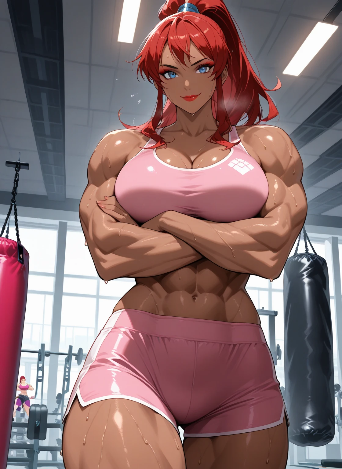 Anime girl posing with dumb in gym, Muscular girl, fit girl, Ripped, female and muscular, Muscular!!, musculous, Fitness model, in the gym, seductive anime girls, Muscular!! Sci-fi, Strong body, workout, Muscular body, Muscular!, Muscular!!!, musculature, strong pose, musculature, strong and muscular