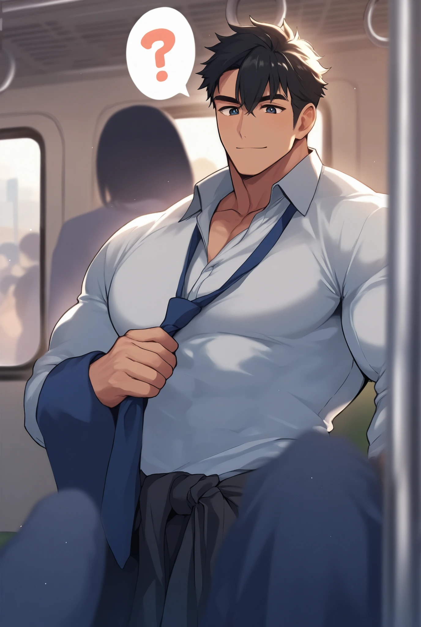 masterpiece, best image quality, japan, Muscular, shirt、loose pants 、tie、crowded train、Molester