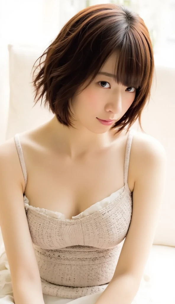 (8k, RAW Photos, highest quality, masterpiece:1.2), High-quality RAW color photos, Professional photos, (Realistic, photo Realistic:1.37), Cinematic Light, 1 girl, Laughter, White wall, Shot in front of the window, (A room with large glass windows), Various poses, break (Ombre:1.3) , Simple Necklace, Spring Clothes, (Beautiful profile:1.3), profile, Dark Brown Hair色, Short hair 20 years old, 1 person, ((Beautiful female announcer,A kind smile:1.5)),
((Gorgeous Earrings, Long Necklace:1.2)),
((A tight-fitting navy blue inner dress made of satin fabric, Layering:1.5)),
((Sitting on the floor, Look up, No bra, See-through:1.5)),
(Full body image from thigh, Pay attention to the beautiful thighs:1.8),
((Sexy atmosphere, Sexy pose, Staring with an erotic gaze:1.5)),
((Stand on your feet, Focus on cleavage:1.5)),
((luxury hotel bedroom bed, The midsummer sun shines on the whole)),
((The large windows overlook the ocean horizon.:1.2)),
Flexible body :1.3, Model Body Type:1.5, 頭w:1.4, Perfect Style:1.4,
Realistic skin texture, Fair skin, Shiny skin, Healthy thighs,
Highly detailed face, Slim face contour, Beautiful small face, Beautiful Nose,
Ultra-detailed eyes, Slit eyes, Brown eyes, double eyelid, Ultra-thin eyebrows, Thin, long eyelashes,
Ultra-detailed lips, Plump and moisturized lips, Glossy pink lips, Flushed Cheeks, ((White beautiful teeth)),
Beautiful actress's ennui makeup, Pink lipstick, Smoky eyeshadow, Eye foundation,
Dark Brown Hair, Delicate soft hair, Hair blowing in the wind,
(Put your hair up, Medium Short Hair, Elegant curly hair:1.2),
Layered Cut, (Blunt bangs:1.2),
Mouth half open, Attractive look, Looking into the camera,
((Lift your face a little)),
((Chest to chest)),
((Squint your eyes)),
((Pursing your lips:1.2)),
((Cheeks turn red:1.2)),
((Flat Chest)),
