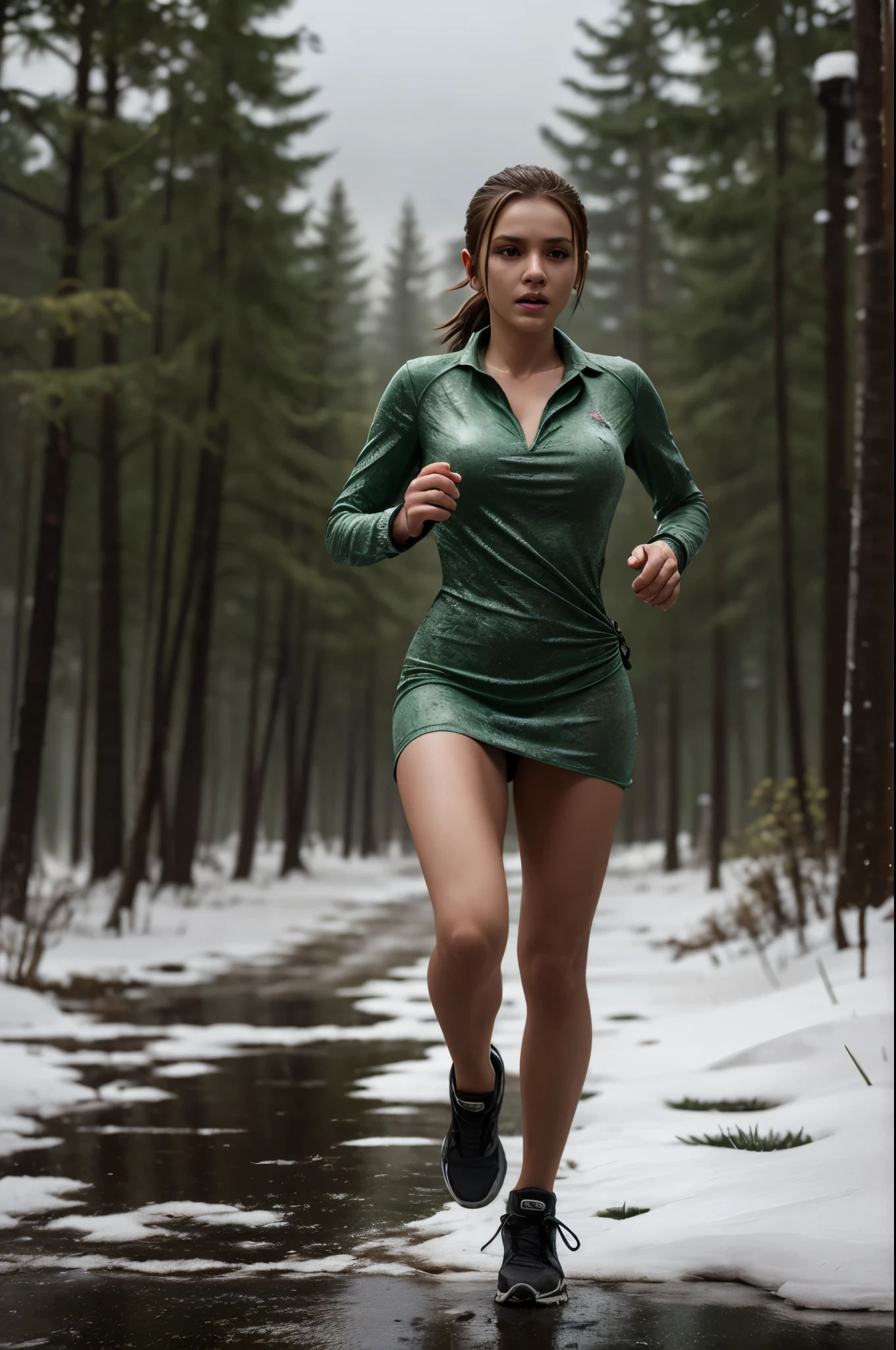 Ultra realistic image in 8k front image of a woman in a ripped sexy dress running in a dense rainy forest with ruins of a city under heavy snowfall and wind she is running behind her a horde of zombies running after her Ultra realistic Ultra details