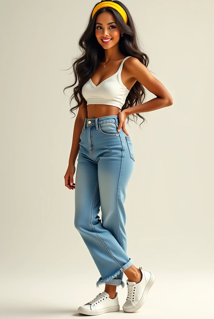 Magazine illustration,((An 18-year-old African female model)),White tight-fitting top,blue jeans short pants, Slim girl model, ((Extreme expression)), skinny waist and thick hips, Thin waist, ((C cup)),2 4 year old female model,, Smooth skin,Slim and plump,Sony SLR lens,Master masterpieces,Ultra high quality,Soft lighting,Bust photo