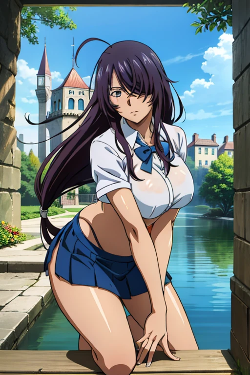 
score_9, score_8_up, score_7_up, score_6_up, uncensored, source_anime, BREAK, igawa asagi, blue hair, long hair, hair between eyes, green eyes, large breasts, knee up, cowboy shot, fellatio gesture, heart, 1girl, solo, looking at viewer, blush, parted lips, thick lips, gyaru, huge lips, , sidelocks,  white shirt, front-tie top, red pleated skirt, white leg warmers, loose socks, loafers, bracelet, highleg panties, curvy, huge breasts, thighs, midriff, navel, city, day, park, 