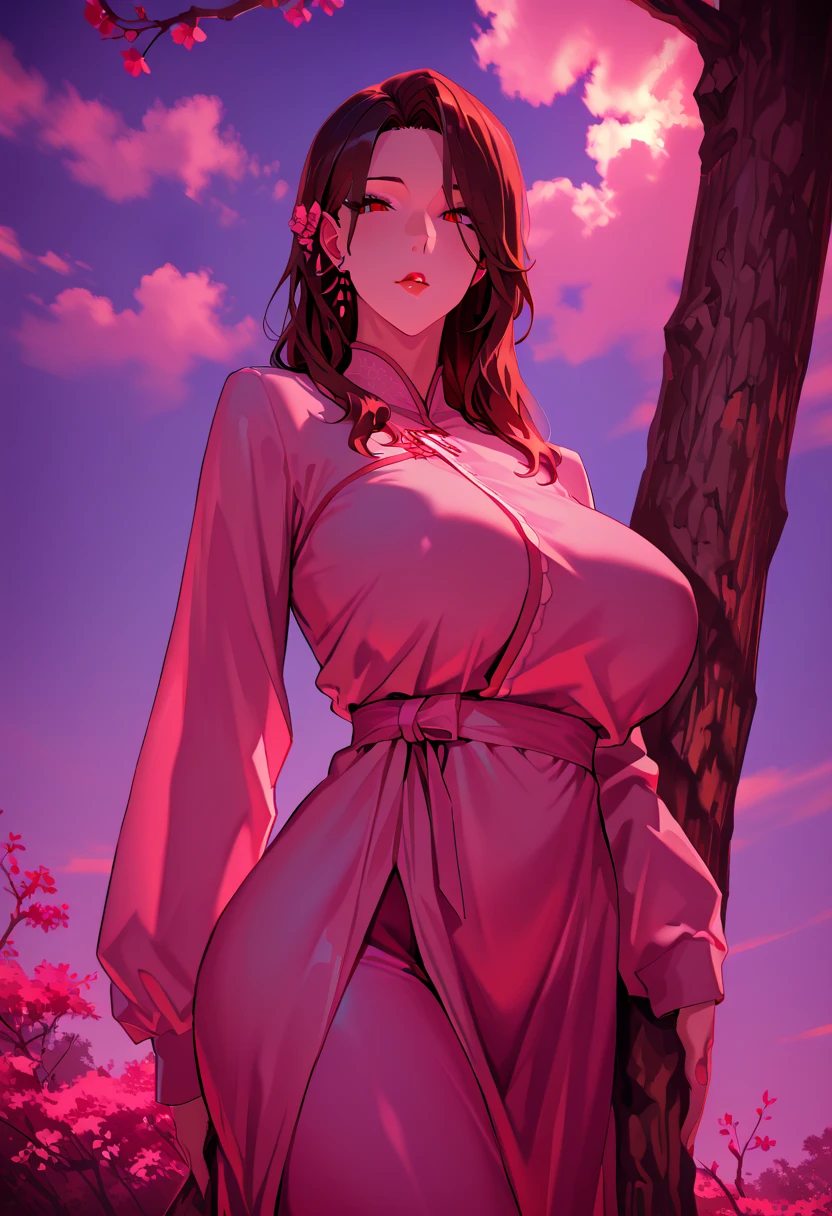 ((Detailed face)),((Mucha's style)),(vulgar),(portrait),huge breasts, Raised tits,sexual excitement,( The look of ecstasy),having after sex,pink hair,half-up braid,light brown hair colour,(arms behind back:1.2),((addiction to sex))(( girl wizard )),(high position:1.6)