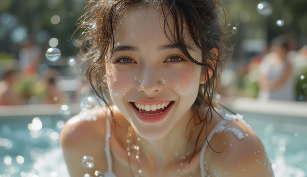 (Highest quality, 4K, 8k, High resolution, masterpiece:1.2), Very detailed, (Realistic, photoRealistic, photo-Realistic:1.37)、smile、Black halter neck sleeveless、(((Bukkake)))、Lips parted,