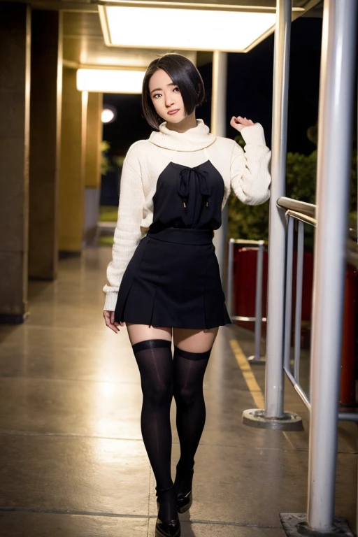 ((masterpiece)), ((Highest quality)), ((Complex)), ((超Realistic)), (Realistic), (Mature Woman), ((There are no classes)), Very detailed, 1 girl, eyelash, double eyelid, (Beautiful Teeth), Grin, Brunette bob hair, Brown eyes, (Lilac long turtleneck), (Red tight mini skirt), ((Thighs)), (stockings), (background: underground), detailed background, Perfect Eyes, Captivating eyes, Looking at the audience