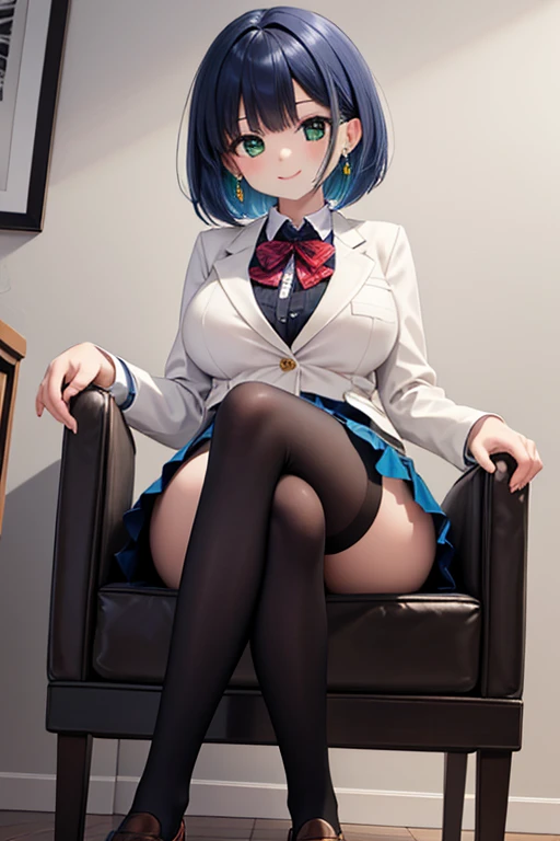 solo girl,face close up ,sitting,crossing arms,(from below:1.2),eyewear,looking down, 20 years old, black hair, short hair,bob cut, sad, emotionless eyes, large light blue eyes, small_breasts, bowtie,long sleeves,dress shirt,indoor,school, (masterpiece), best quality, high resolution, extremely detailed, detailed background, perfect lighting