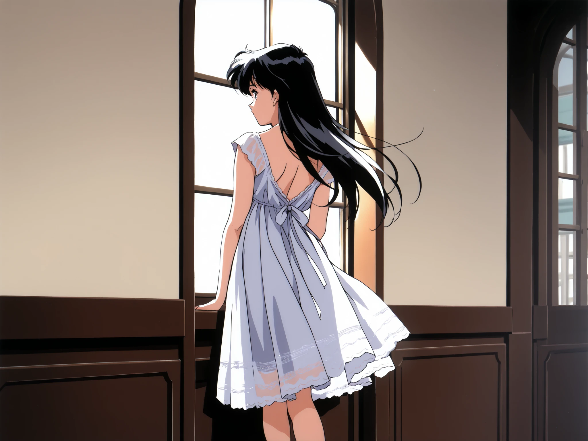 elegant vintage slip dress,classic nightgown,delicate silky dress,soft indoor lighting, early morning,graceful and feminine,flowing fabric, lace trim,standing by a window,retro bedroom setting,(((japanese,long hair,black hair)))