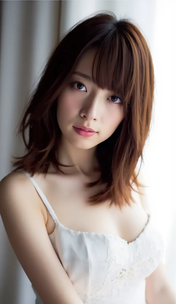 {{cross arms in front:1.5}},(8K, RAW Photos, Highest quality, masterpiece:1.2), (Realistic, photo-Realistic:1.37), Very detailed, Ultra-high resolution,1 Girl,Show Viewer,Beautifully detailed face,smile,narrow,(Slim waist:1.3),, Beautiful and detailed skin, Skin Texture, {Short bob Hair:1.2},Professional Lighting, {Medium sized breasts}、{Her cleavage is visible}、{{{Wearing a White bra:see-through:nipple}}}、{Whtie Bra is visible},{in Bedroom}}
