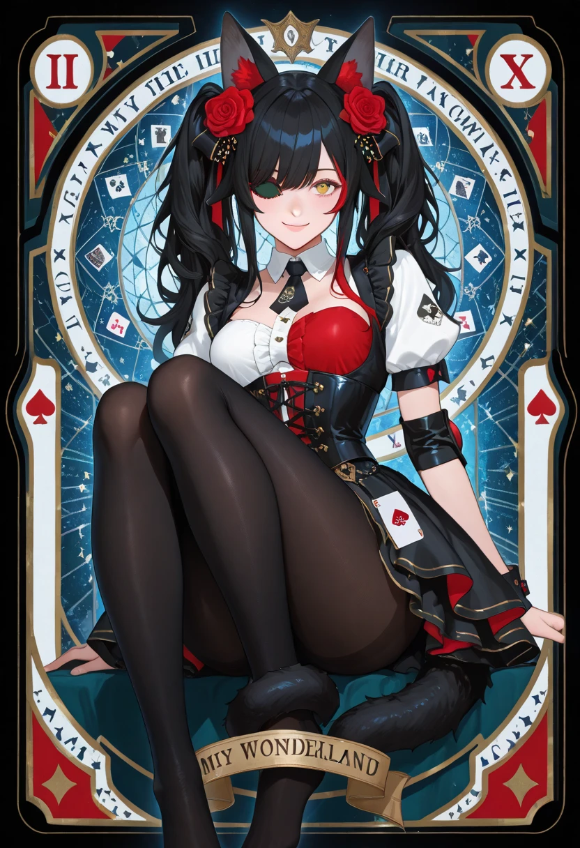 kurumitokisaki, tokisaki kurumi, (Clock Eye:1.5), Black Hair, Long Hair, Twin tails, (Hair on one eye:1.3), (Red eyes:1.5), (Large Breasts:1.4), A proud smile, Gothic, pantyhose, black pantyhose, (Cowboy Shot:1.5),(masterpiece:1.2), Highest quality, High resolution, unity 8k wallpaper, (figure:0.8), (Beautiful attention to detail:1.6), Highly detailed face, Perfect lighting, Highly detailed CG, (Perfect hands, Perfect Anatomy), cute