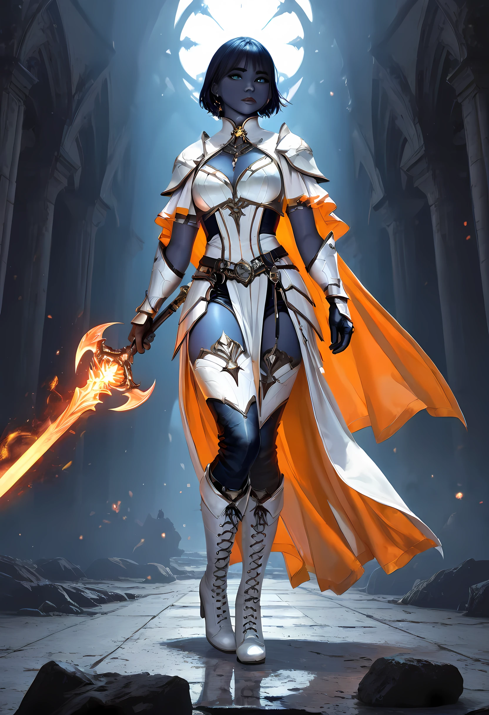 portrait of a female cleric ((dark blue skin: 1.5)), intense details facial details, exquisite beauty, cleric, (dark blue skin: 1.5)) female, ((bold)), (((no ears: 1.5))), (green eyes: 1.3), armed with a fiery sword red fire, wearing (twilight priestly combat vestments: 1.5), wearing white armor, wearing high heeled laced boots, wearing white armor, wearing an (orange cloak:1.3), wearing glowing holy symbol, fantasy art, dnd art, RPG art, wide shot, (masterpiece: 1.4) intense details, highly detailed, photorealistic, best quality, highres, within fantasy temple background, reflection light, high details, best quality, 16k, [ultra detailed], masterpiece, best quality, (extremely detailed), close up, ultra wide shot, photorealistic, RAW, fantasy art, dnd art, fantasy art, realistic art,((best quality)), ((masterpiece)), (detailed), perfect face, strapless, lace up stilettos, fantasy, Cinematic Shot, dvr-hgh-fnt, d4f4b