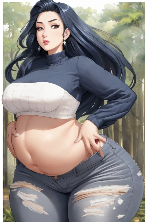 (best quality,4k,8k,highres,masterpiece:1.2), ultra-detailed, (realistic,photorealistic,photo-realistic:1.37), HDR, UHD, studio lighting, ultra-fine painting, sharp focus, physically-based rendering, extreme detail description, professional, vivid colors, bokeh, portraits, photography, (best quality,masterpiece:1.3), (mature woman, milf), (tall:1.2), anime, masterpiece, beautiful eyes, best quality, detailed face, 1girl, solo, beautiful, KroniiCasual, blue eyes, long hair, hair intakes, turtleneck, brown coat, long sleeves, jeans, taut clothes, taut shirt, cowboy shot, huge breasts, huge belly, bloated belly, stuffed belly, plump, chubby, curvy, chubby girl, belly, big belly, fat belly, soft shading, detailed, semi-realistic, sciamano240