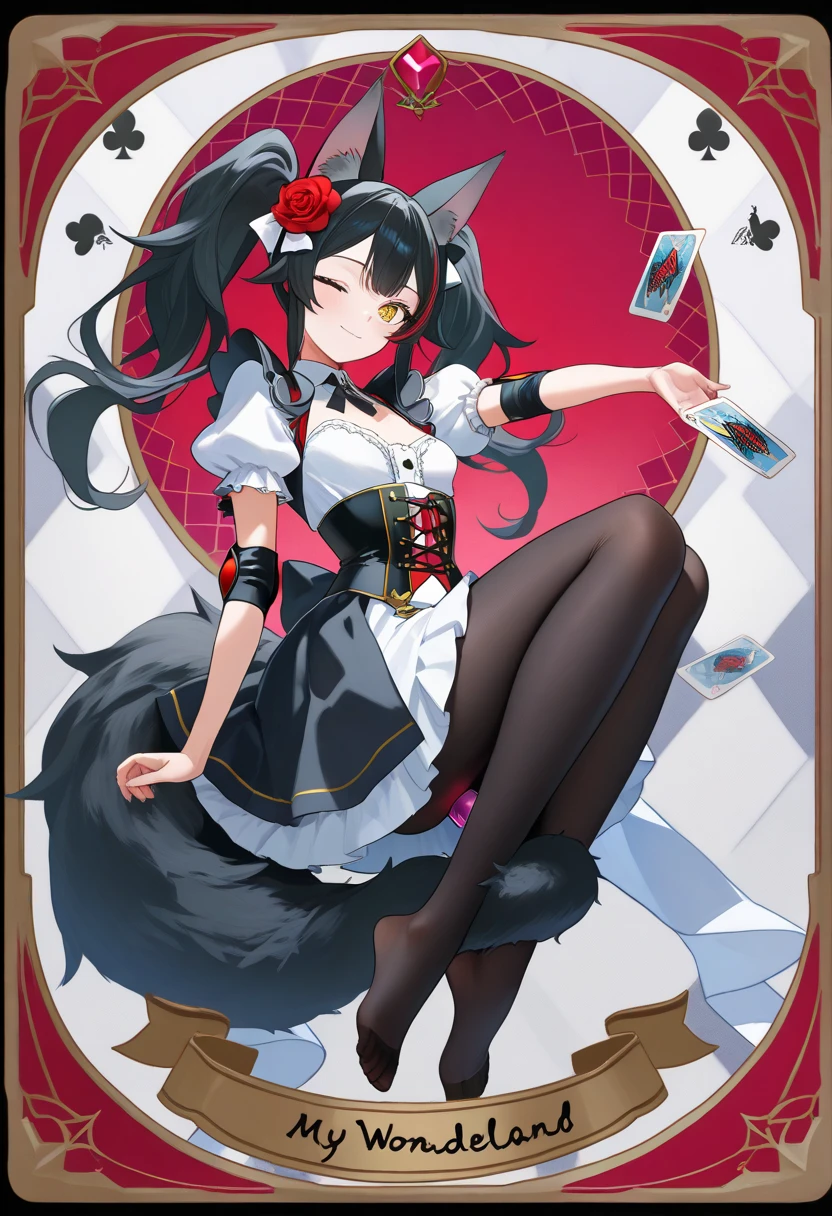 Highly detailed, very detailed 8K wallpapers, very detailed CG Unity 8K wallpapers, masterpiece, best quality, super detailed, (full body), (NSFW:1.1), miosha1, hair flower, twintails, hair over one eye, wolf tail, elbow gloves, playing card, pantyhose, puffy sleeves, corset, choker, two-tone dress