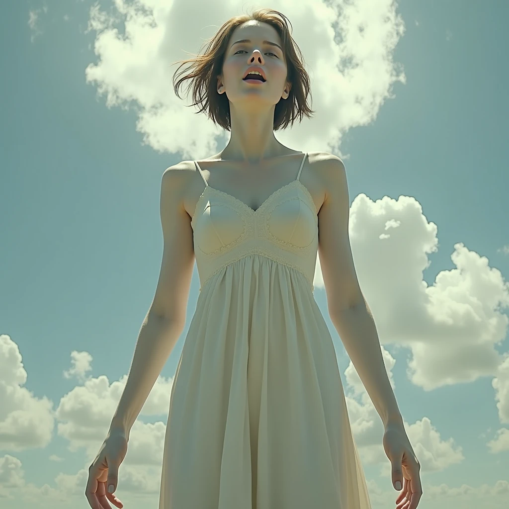 Sophia Lillis, plump body, long braided hair, high fantasy, dancing on a mountain top, billowing sheer dress