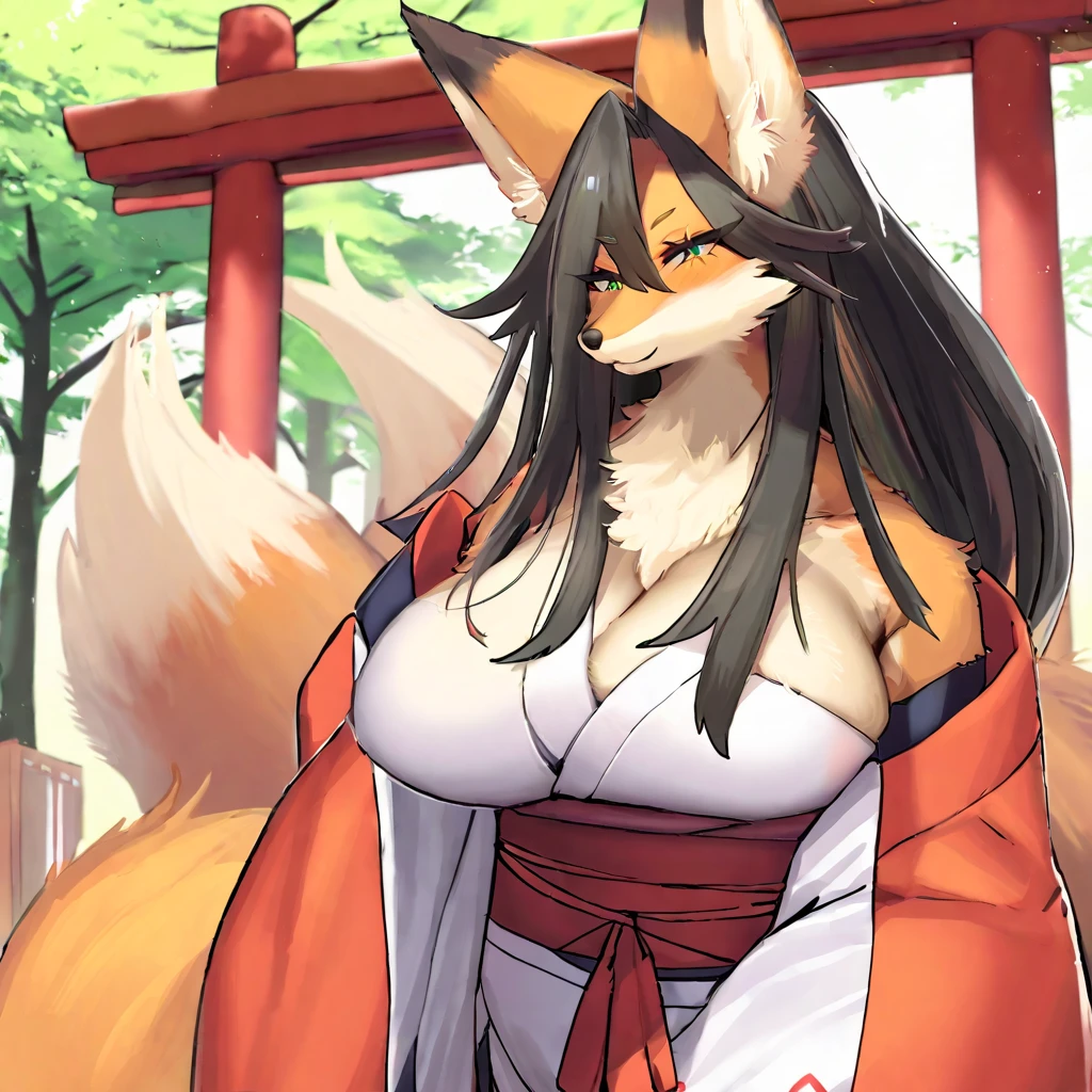 8K, ((masterpiece)), ((stunning artwork)), (carefully drawn), (highly detailed), uploaded to e621.net, solo, fox, female, short woman, slender, young, teen, young woman, orange fur, white markings, dark red hair, long hair, green eyes, perfect eyes, (four breasts:1.4), (quadboob:1.2), top breasts are larger, (huge breasts:1.1), heavy breasts, highly detailed eyes, (kimono), (covered breasts:1.4), white stockings, Masterpiece, best quality, absurd res, highly detailed, cleanly drawn eyes, japanese shrine, cute smile, standing upright, casual posture, barefoot, digitgrade, four toes, standing on stone path, by darkgem, by duase,