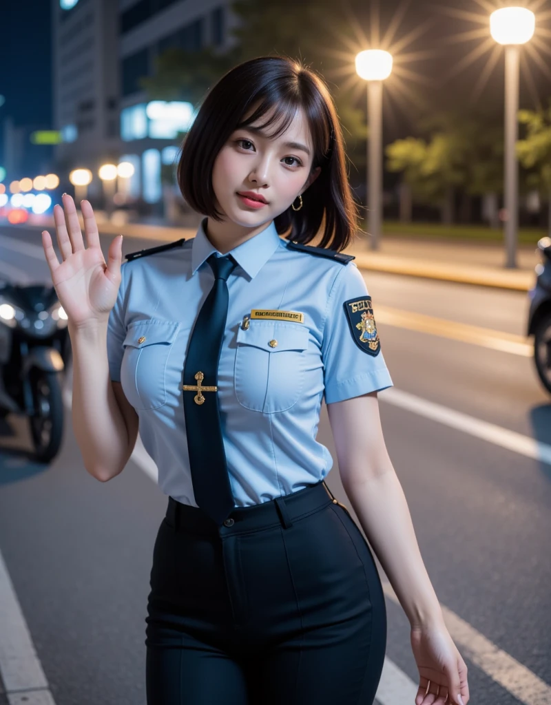 Metropolitan Police Department、police cars、Solo Idol, Especially similar to the characteristics of Eri Kamei of Morning Musume, Detailed Japan Police Officer Uniform. Costumes must be authentic to the Japan police, badges, hat, and other accessories. Her facial expression should be confident yet cute, Showing off white teeth with a radiant smile. This setting is、Police patrol scenarios should be proposed, Probably near the police box of the Japan (police box). Medium: Photography. Style: Ultra-realistic, High contrast, Movie lighting centered on idols. Colors: Mostly navy blue and white, Features of police uniforms, With a touch of soft ambient colors. Composition: Shot with a high-resolution 16K camera, With 50mm lens, Sharp focus on idols, Slightly blur the background to emphasize depth of field. --ar 16:9 - V5.1 --Style raw --Q 2 --S 750