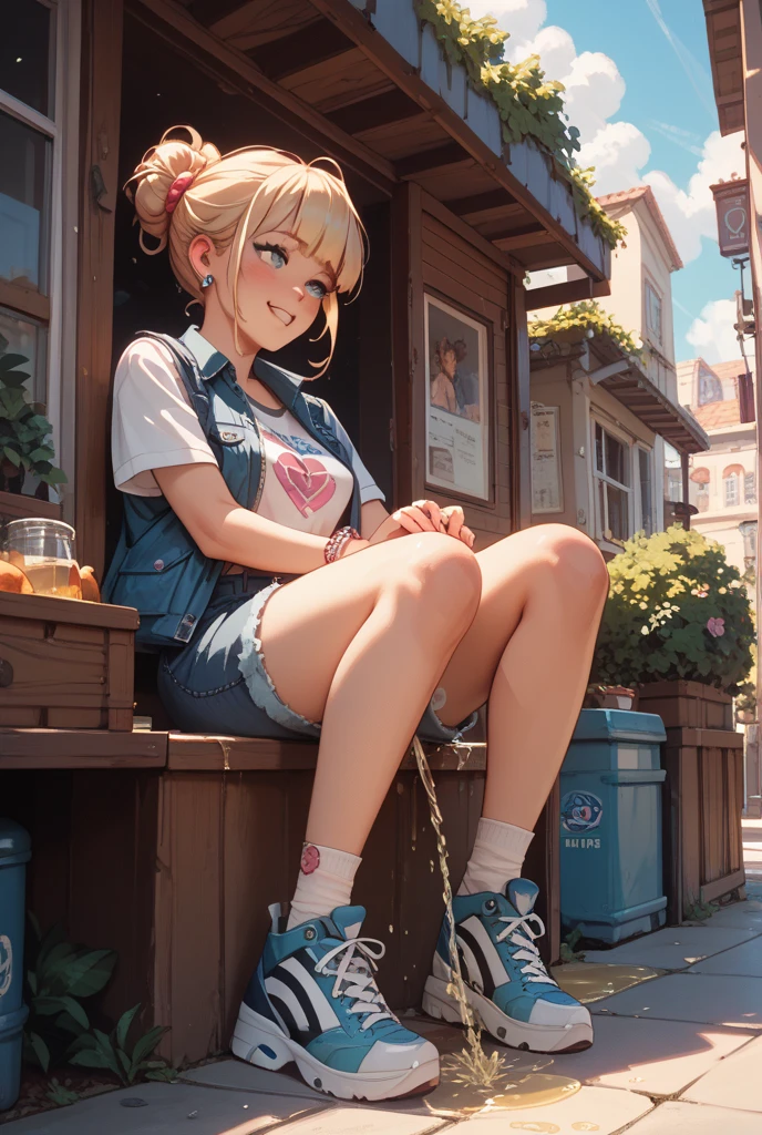 beautiful, (masterpiece:1.2), (best quality:1.2), Beautiful -yeld wh girl with blue eyes, long swept-back straight blond hair, Happy and posing with peace signs, Pink and white frilly miniskirt, pink shirt, pink socks, white sneakers, California City background, daylight,