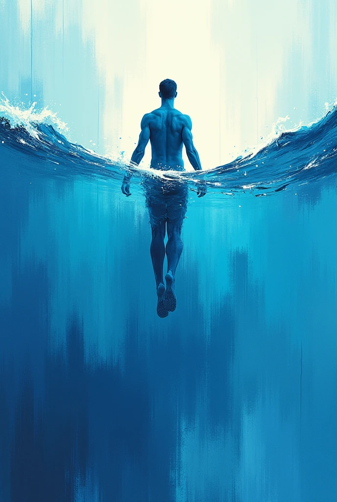 a man floating on a bench underwater, delicate oil painting simulation, mysterious mood, detailed face and body, sitting in reflection, blue background