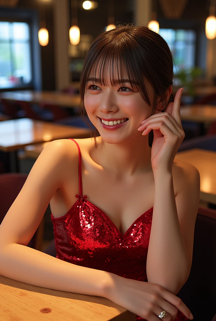 (64K, UHD, top quality, masterpiece: 1.2), (realistic, photorealistic: 1.37), super detailed, pretty woman 1 person, (slim face), (slim body), (brown hair), (short cut), cheeks slightly blushing, (44 years old), 38 years old, solo, beautiful detailed urban night view outside the window, restaurant, wine glasses sit, at night, in a prominent placeNovaFrogStyle, Actress, Model, Waist Up, White Wine, Slim, Wine Glass, Super Clean Night View, Wine Glass Put in the Middle, Happy Smile, (Smile: 1.15), Beautiful Fine Eyes, Upper Body, Bust Japan Up, Night, Short, Short, Actress, Model, Waist Up, White Wine, Slim, Wine Glass, Super Clean Night View, Wine Glass Put in the Middle, Happy Smile,