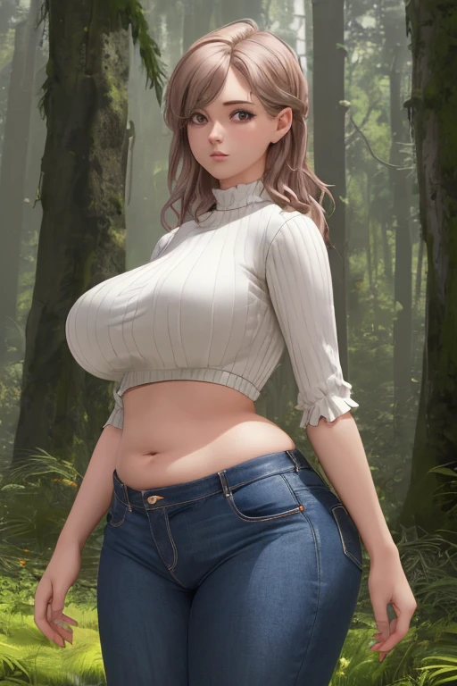 Korean Idols Mature Woman 40 years old ((Blonde chignon with bangs)) Smokey makeup black mascara Bright red lipstick and plump lips (White sleeveless t-shirt) Denim mini skirt garter belt Fishnet stockings Big Breasts Duck mouth Sweaty, shiny skin Clean armpits In the rainy forest at night hands behind head pose Portrait Gravure photoshoot Depicted from below