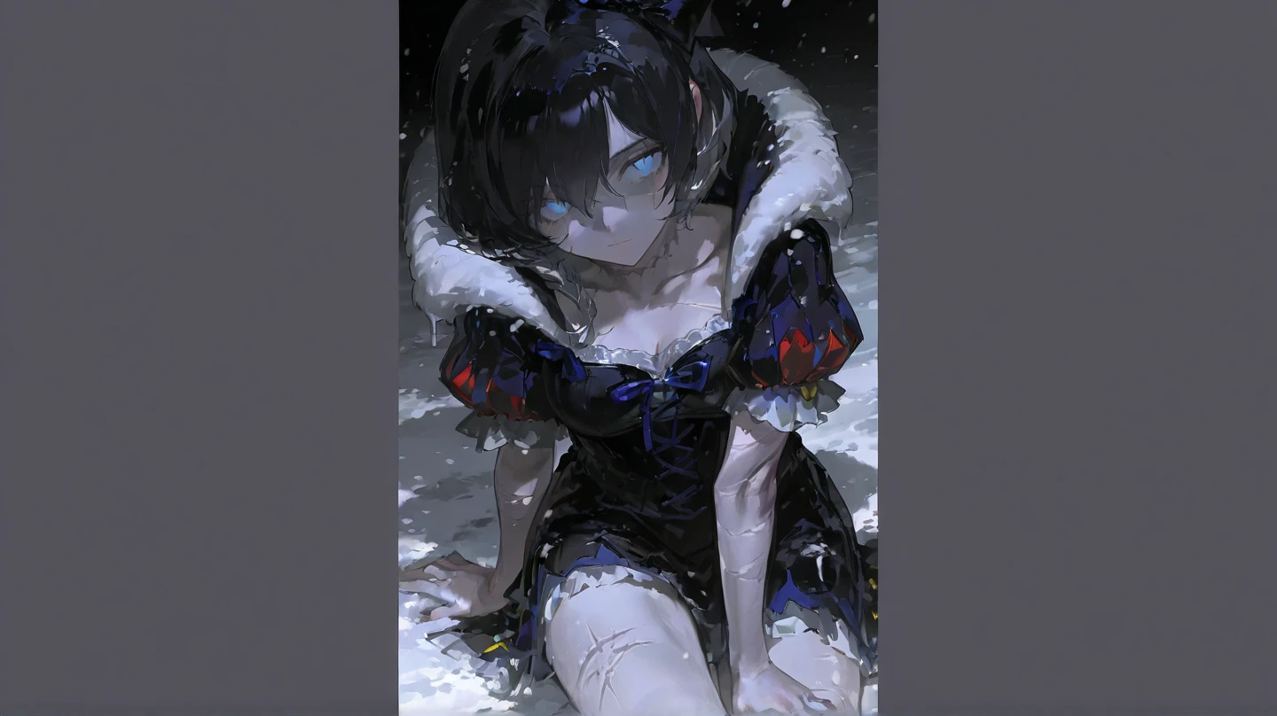 (headshot) (((Masterpiece))), best quality, ultra-detailed CG unity 8k wallpaper, short messy black hair, elf ears, blue eyes, black dress