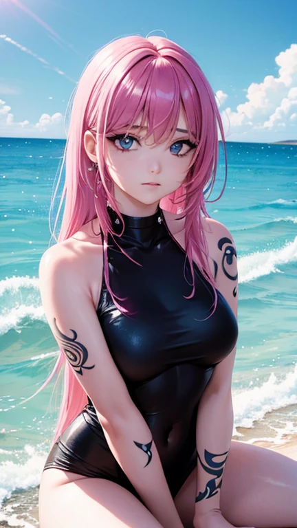 chica anime con cabello rosado sentada en un banco junto al agua, Pelo rosa de cola doble y ojos cian, Render fotorrealista de Anime Girl, seductora chica de anime, [ Arte digital 4K ]!!, Anime CG arte suave, Anime fotorrealista, Fondo de pantalla de anime 4k, Renderizado en SFM, Obras de arte al estilo de Guweiz, Arte detallado del anime digital