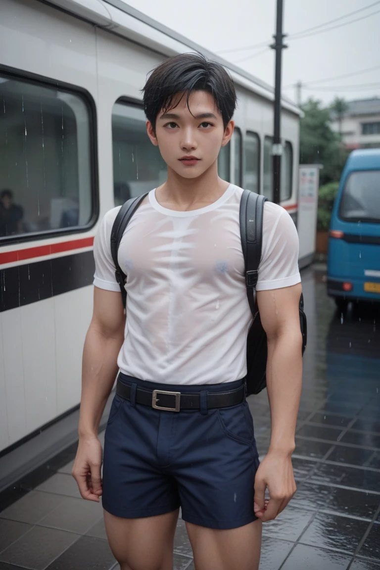 Handsome Asian boy, 17 years old boy , handsome Korean face, neat muscular, wear only transparent raincoat, big bulge, Penis clearly visible through thin wet transparent white mesh briefs, Semen dripping from penis, showing abs, rainy day, very wet body, very hairy armpits, Sweat dripping from the penis, on the bussy street