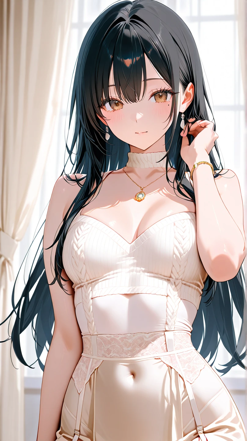 A young woman with long black hair with white peekaboo highlights, white eyes, hourglass figure, casual wear , detailed body, detailed eyes, masterpiece, best quality, aesthetic, ultra-detailed, ultra-sharp, 4k