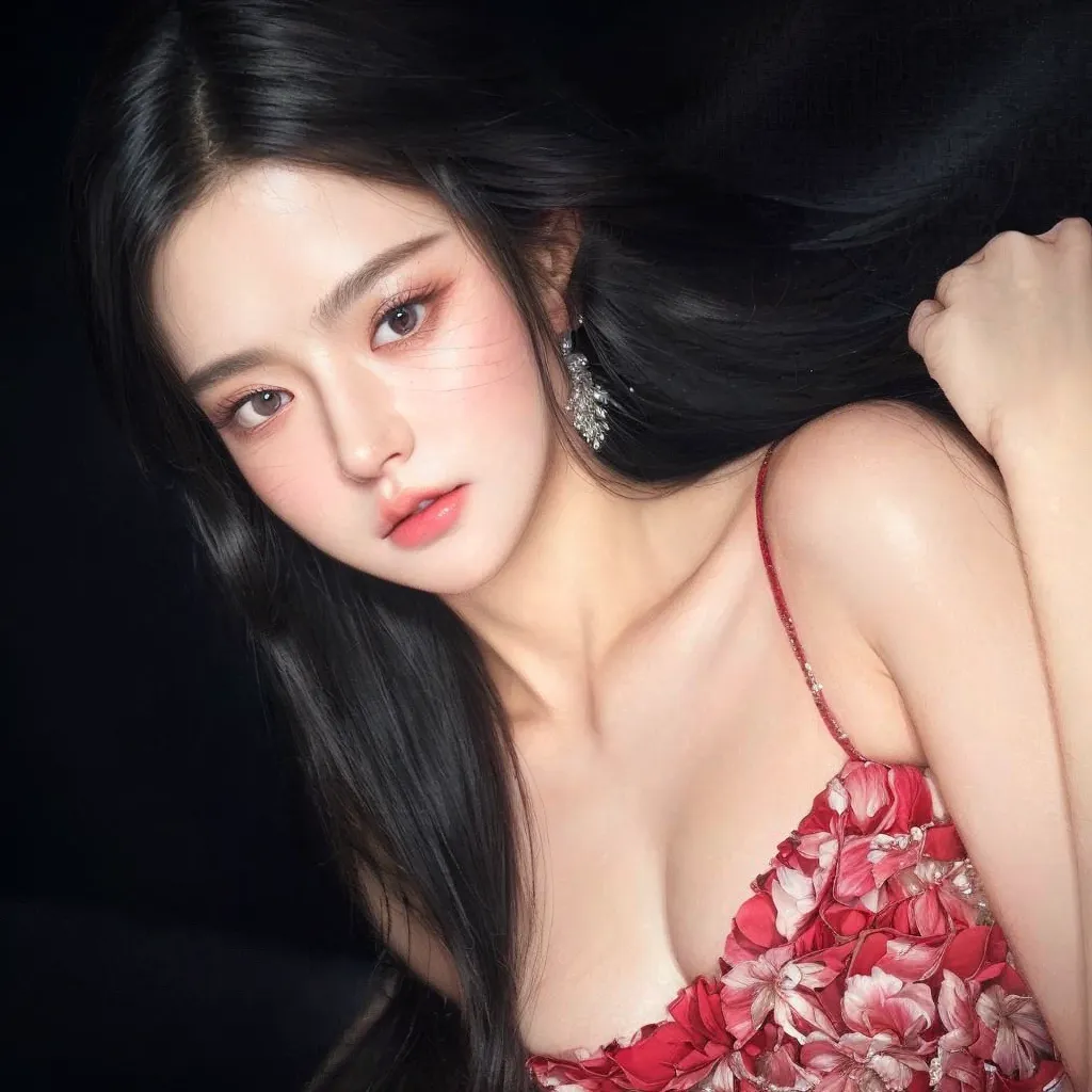 raw photo, (18yo black hair girl:1.2), makeup, graphic eyeliner, rouge, (choker:0.9), realistic skin texture, red bikini, (red:0.8), softcore, warm lighting, cosy atmosphere, instagram style