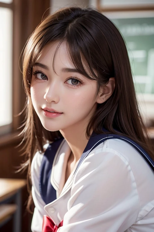 ((Sailor suit、Highest quality、Masterpiece、High resolution))、(((Zoom photo of upper body)))、(A shy smile:1.2)、One 15-year-old female、Beautiful Skin、Beautiful Eyes、Cleavage、Night in the city