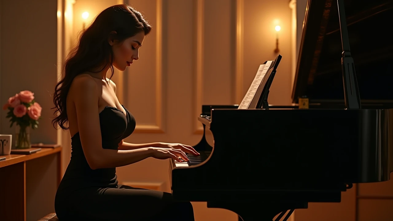 Profile picture, silhouette of woman with long curly hair playing piano and singing