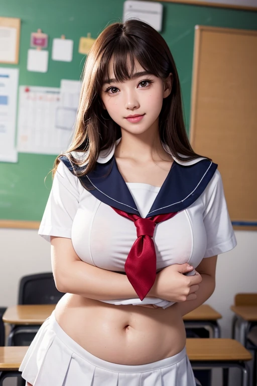 adorable, 1 girl, , baby face, shy smile, full body portrait, (face details: 1), (eye details: 1), ((big breasts)). Japanese Sailor (Japanese Sailor :1.5). Kawai cute pose, in a school. proportional body. Ultra High Res. realistic: 1.4, UHD