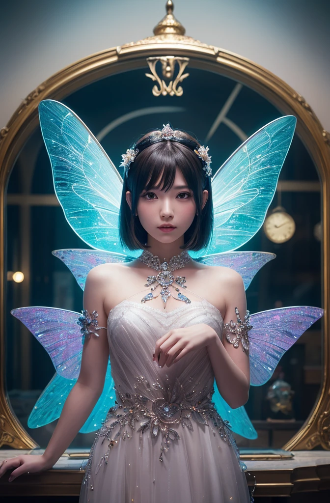 On a top a long pipe is a cute fairy with spikes gel set hair and black eywswith Galaxy stars inside her eyes. V- neck@mini flared pleated dress. Futuristic Background lights under her translucent ethereal wings