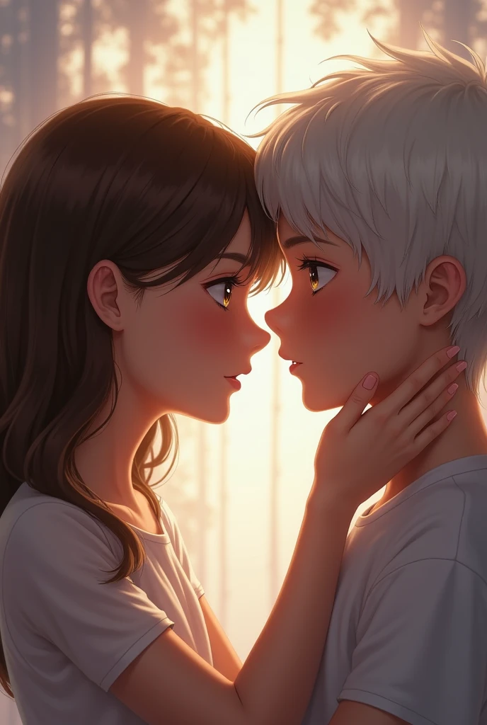A brown-haired girl kissing a white-haired boy with blue eyes and white eyelashes 
