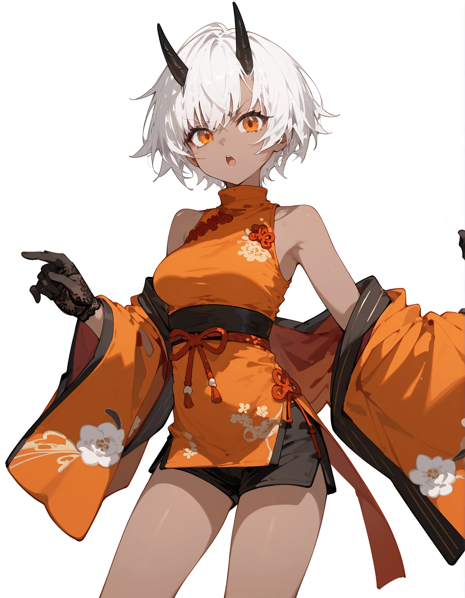 ,Dark skin,In the orange eyes,short hair, tomboy,cute,medium breasts,Black Glove,Lace gloves, stocking arm,Orange kimono,Turtleneck Chinese Dress,shorts,Slim legs,medium breasts, black-horned,serious page,white hair,white background,is standing,Long Sleeve,Kimono cover,Open your mouth, Sleeveless Top