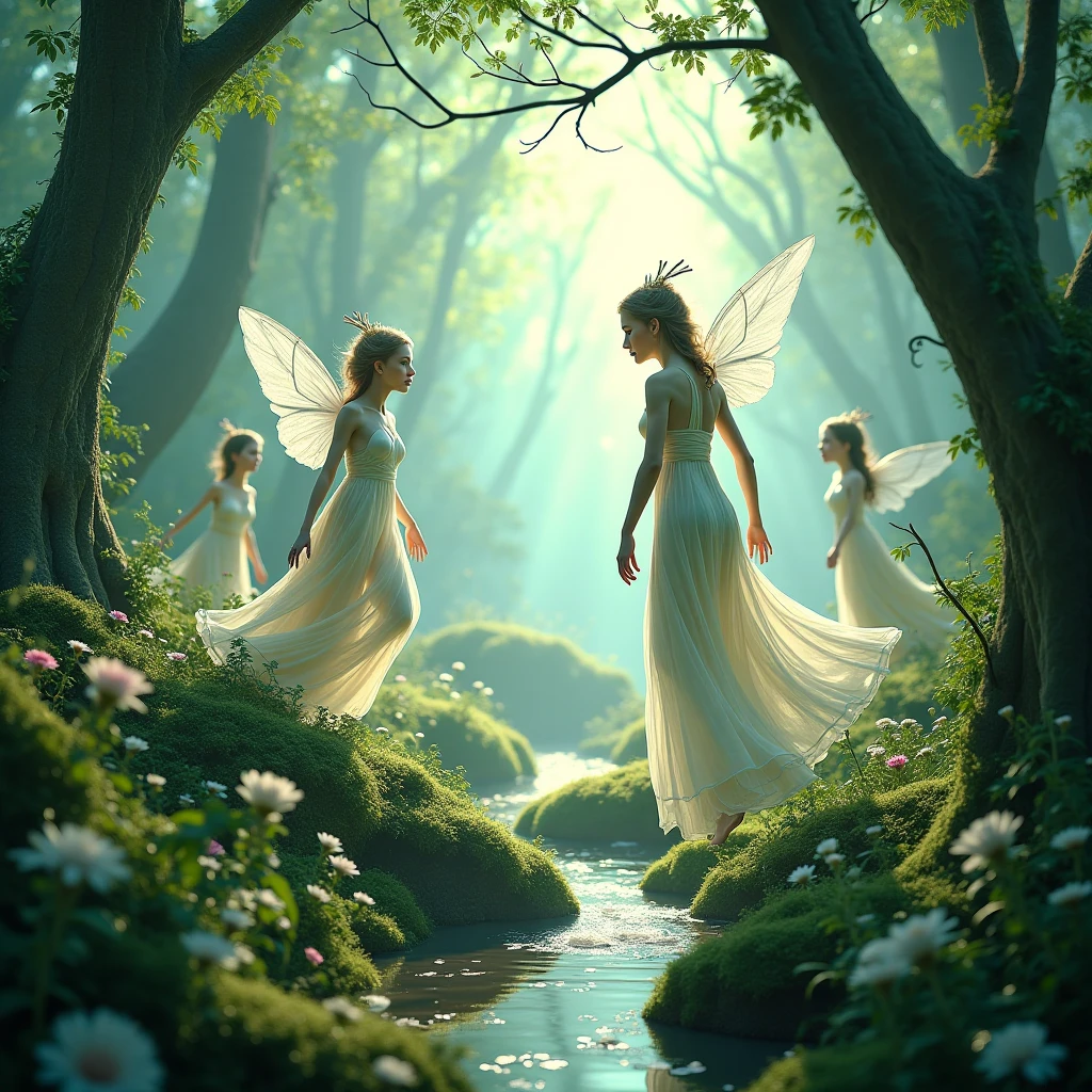 A fairy in a garden in the woods. Big butterfly like wings on her back. She wears a multilayered dress in light sapphire transparent fabric with silver and aquamarine embellishments. Long messy wavy hair in dark colour, flower tiara. She is emerging from a vortex of multicoloured varieties of flowers and leaves of different shapes and tones of green. Dynamic image. Magical flowery forest as background, clear day, sunny, light filtering through the trees.
