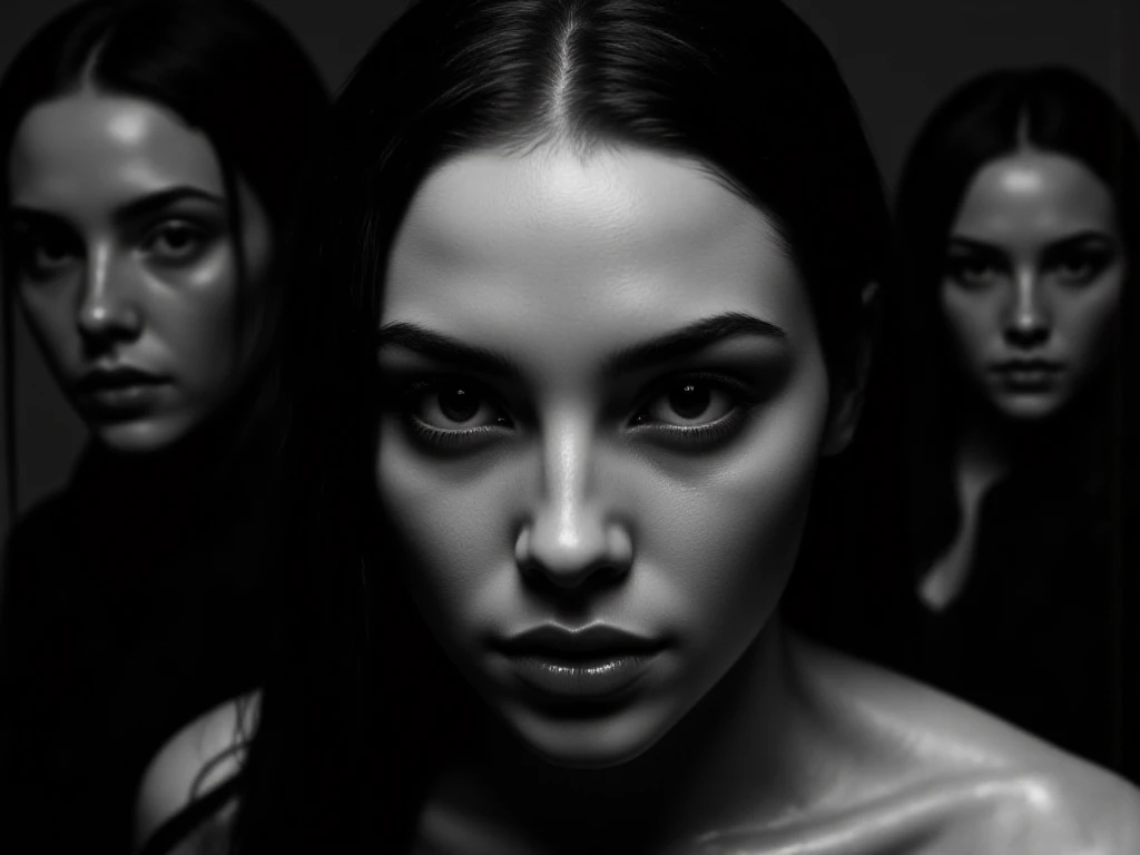 Create an image that depicts the plight of women who have been victims of crime. The image should be dark and moody, with a color scheme that is predominantly black and white. The lighting should be low and dramatic, with shadows that obscure the faces of the women in the image. The women should be depicted in various poses, with some looking downcast and others looking defiant. The image should be powerful and evocative, conveying the message that violence against women aserious issue that nststopaddressed.