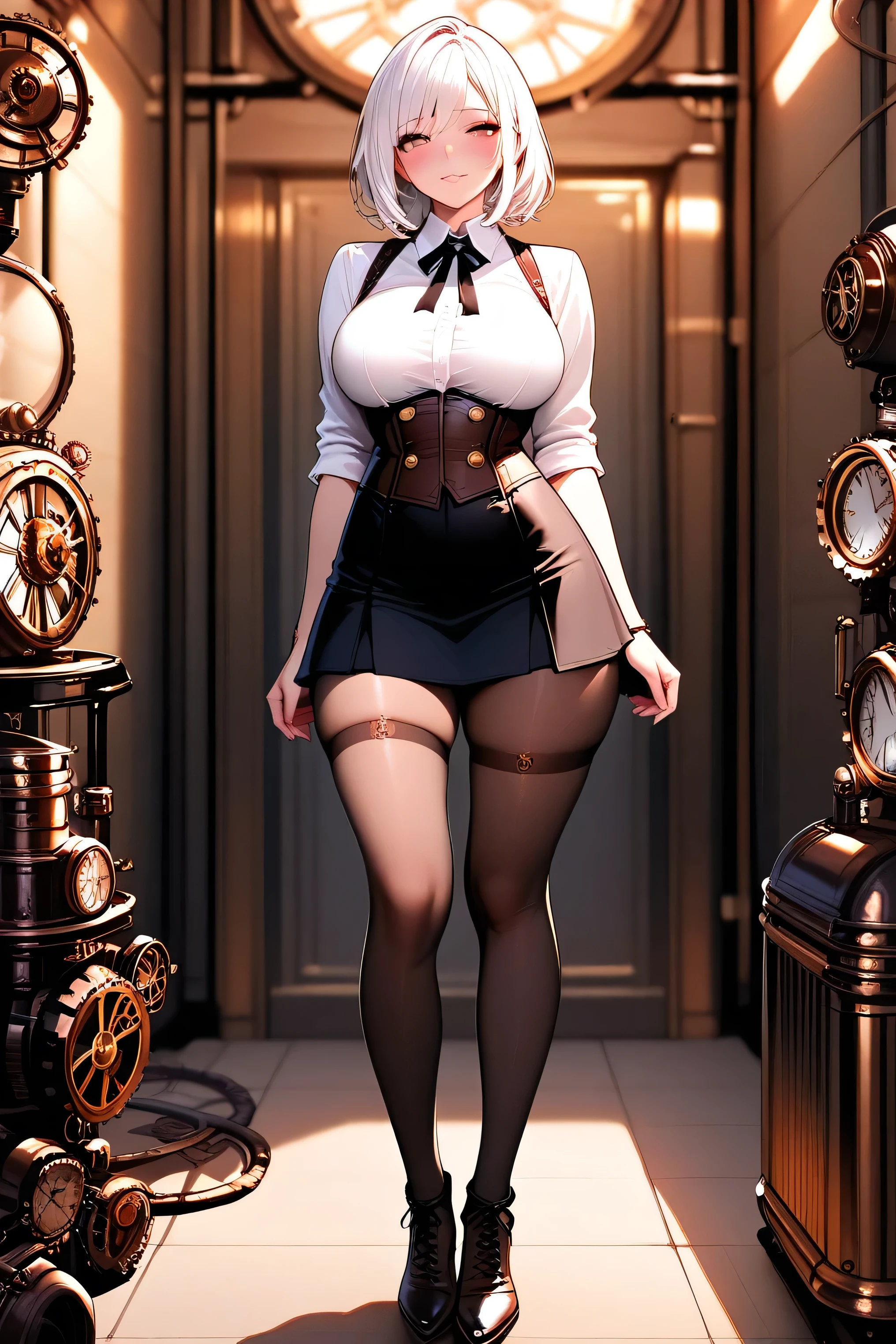 (((steampunk))),ultra realistic 8k cg, picture-perfect face, flawless, clean, masterpiece, professional artwork, famous artwork, perfect face, beautiful face, beautiful eyes, ((perfect female body)),large breasts, solo,, ,skirt,,blush,seductive expression,extremely detailed_eyes,thick thighs,((white hair)), short hair,, beautifully detailed background,depth of field,,bdsm,skindentation,full body,shirt,, pantyhose,
